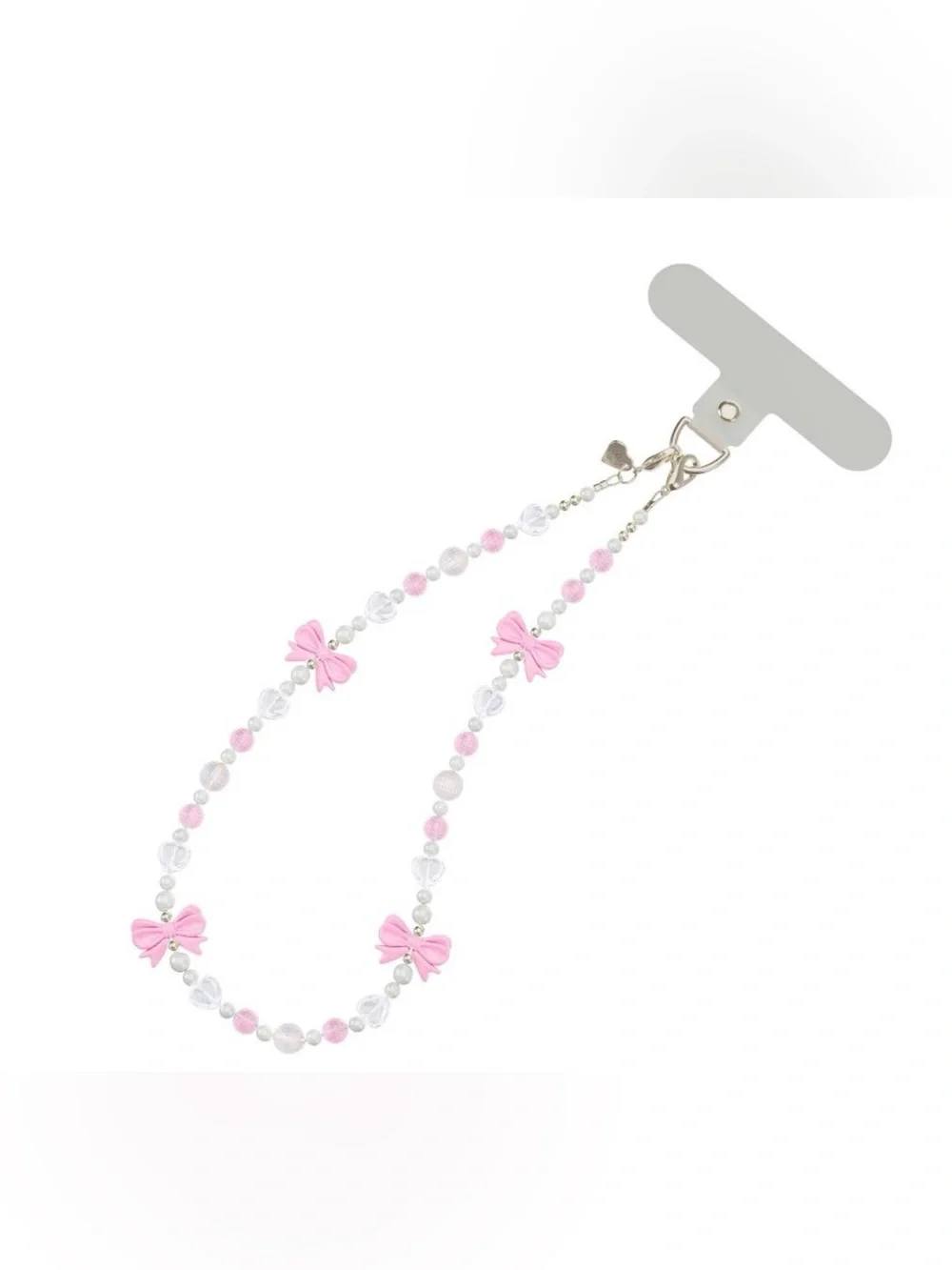 Velvet Caviar Pink and White Beaded Phone Strap with Bow Accents